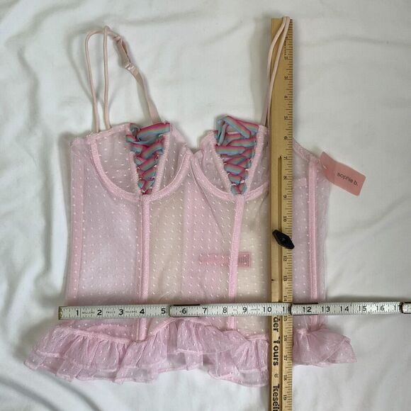 Y2K Rainbow Bustier Corset Tank Top M Pink Mesh Lace Ruffle Boned Kawaii Cute - Picture 5 of 10